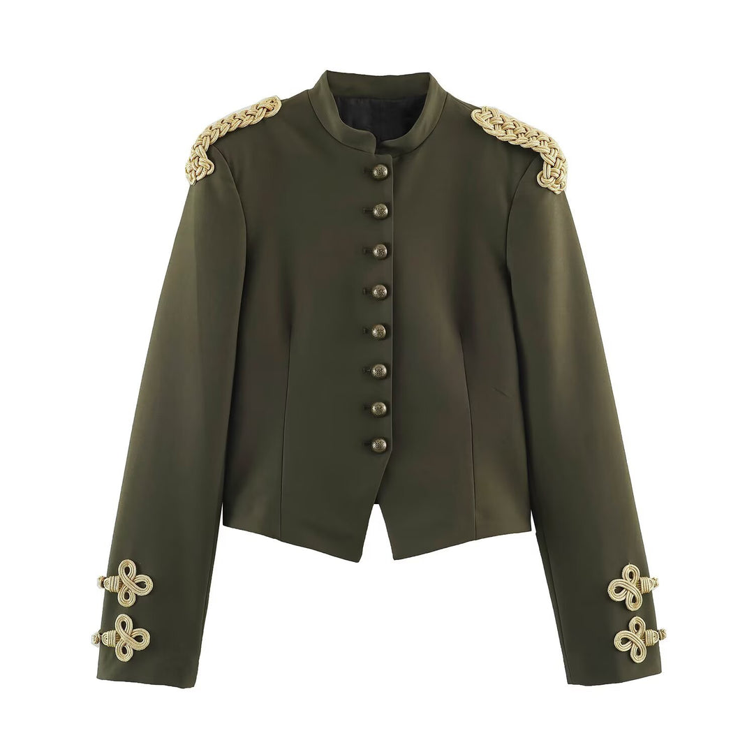 Women's Short Military Blazer with Stand Collar, Gold-Embellished Epaulettes and Decorative Knots Drune