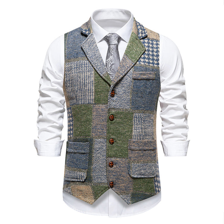 Men's nan Patchwork Vest with Notched Lapel Button Placket and Patch Pockets Mune Fashion