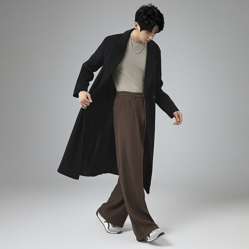 Men's Elegant Long Wool Blend Coat with Downfall Shawl Collar and Clean Single Breasted Mune Fashion