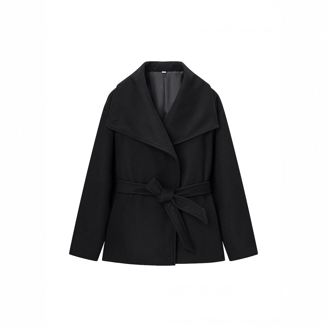 Women's Short Wrap Coat with Oversized Shawl Collar and Tie Belt Mune Fashion