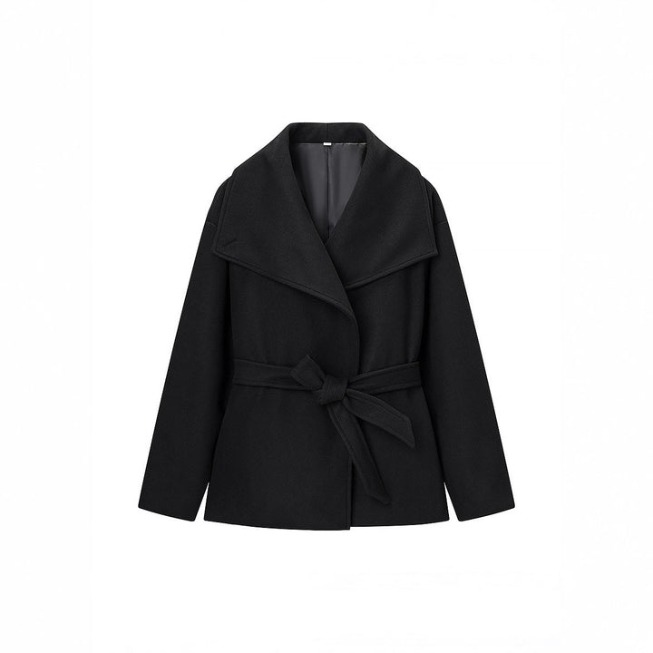 Women's Short Wrap Coat with Oversized Shawl Collar and Tie Belt Mune Fashion