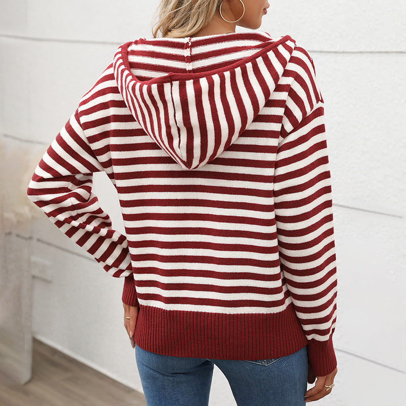Women's Striped Hoodie with Half Zip and Ribbed Cuffs Mune Fashion