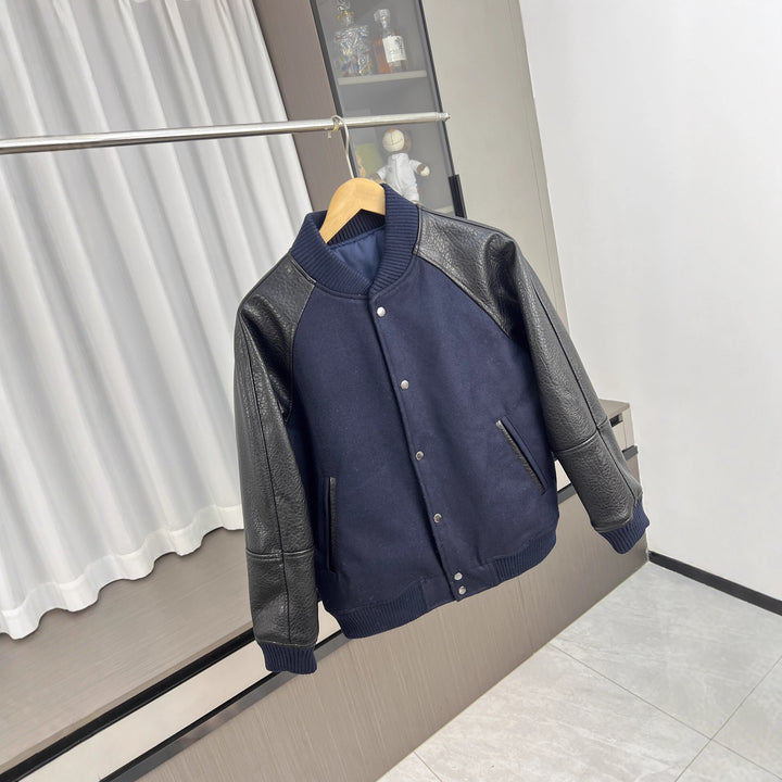 Men's College Bomber Jacket with Wool Blend Body and Structured Leather Look Sleeves Mune Fashion
