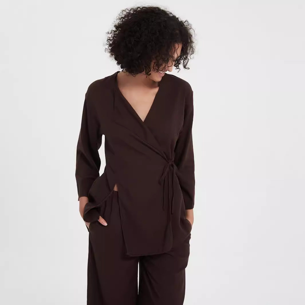 Women's two-piece wrap set made of flowing viscose blend with wide palazzo pants leg Mune Fashion