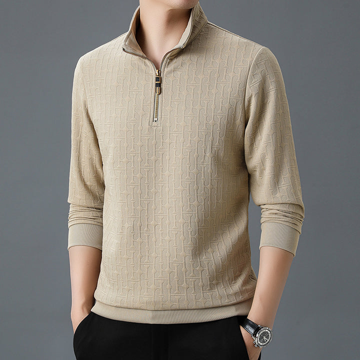 Men's Structure Jacquard Sweater with Short Zipper and Stand-Up Collar Mune Fashion