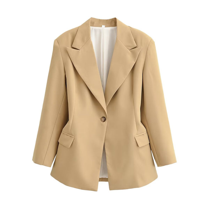 Women's Oversize Blazer with Wide Lapels, One-Button Closure and Flap Pockets Mune Fashion