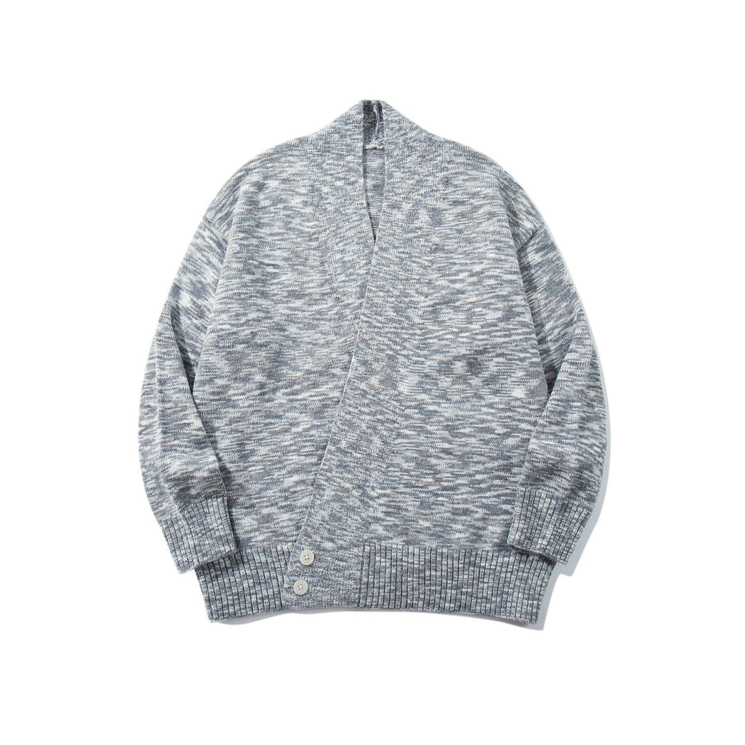 Women Oversize Knit Cardigan with Deep V-Neck, Button Placket at Hem and Melange Structure Mune Fashion