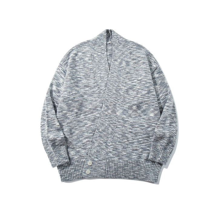 Women Oversize Knit Cardigan with Deep V-Neck, Button Placket at Hem and Melange Structure Mune Fashion