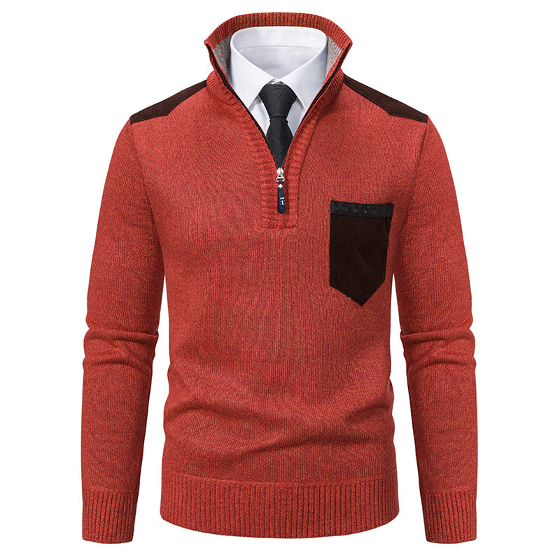 Men's fine knit half-zip pullover with stand-up collar, chest pocket and shoulder yoke Mune Fashion