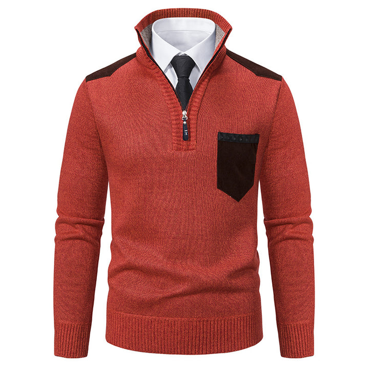 Men's fine knit half-zip pullover with stand-up collar, chest pocket and shoulder yoke Mune Fashion