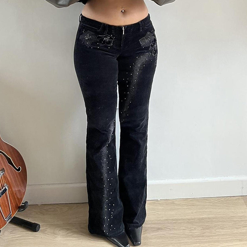 Women’s flared corduroy pants with glitter stripes and floral embroidery, high waistband Mune Fashion