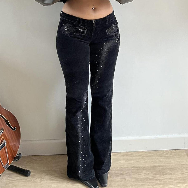 Women’s flared corduroy pants with glitter stripes and floral embroidery, high waistband Mune Fashion