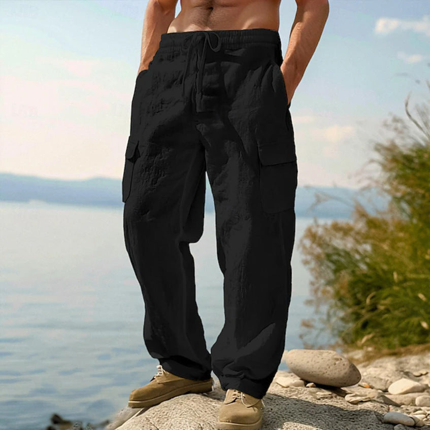 Men's wide casual cargo pants made of linen-cotton blend with elastic waistband, drawstring and large flap pockets Mune Fashion