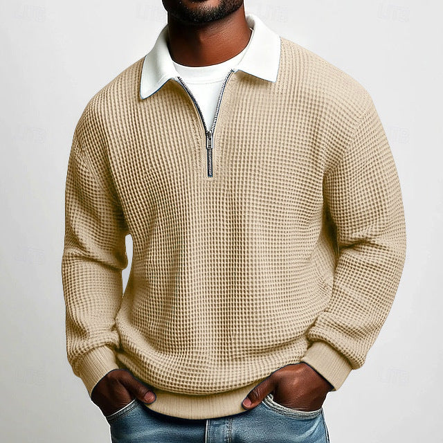 Men's structured waffle knit pullover with polo collar and short zipper Mune Fashion