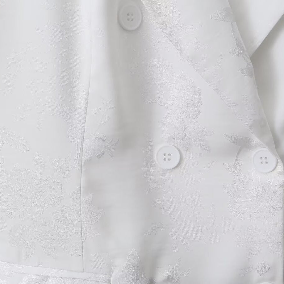 Women's Double-Breasted Satin Blazer with Floral Jacquard Pattern and Patch Pockets Mune Fashion