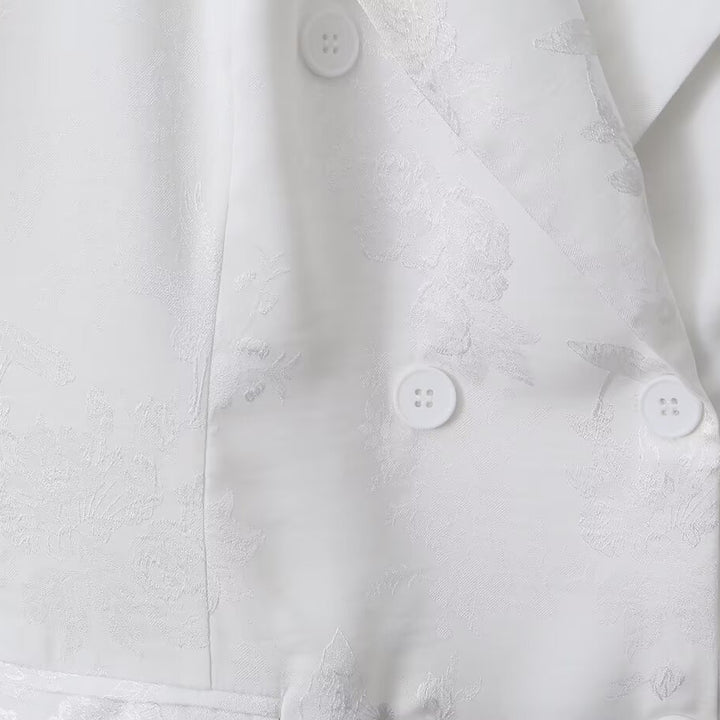 Women's Double-Breasted Satin Blazer with Floral Jacquard Pattern and Patch Pockets Mune Fashion