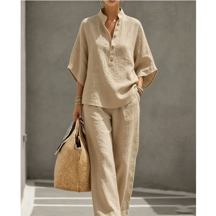 Women's loose linen two-piece with stand-up collar and wide leg Mune Fashion