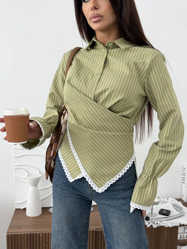 Women tailored wrap blouse with lace trim and fine vertical stripes Mune Fashion