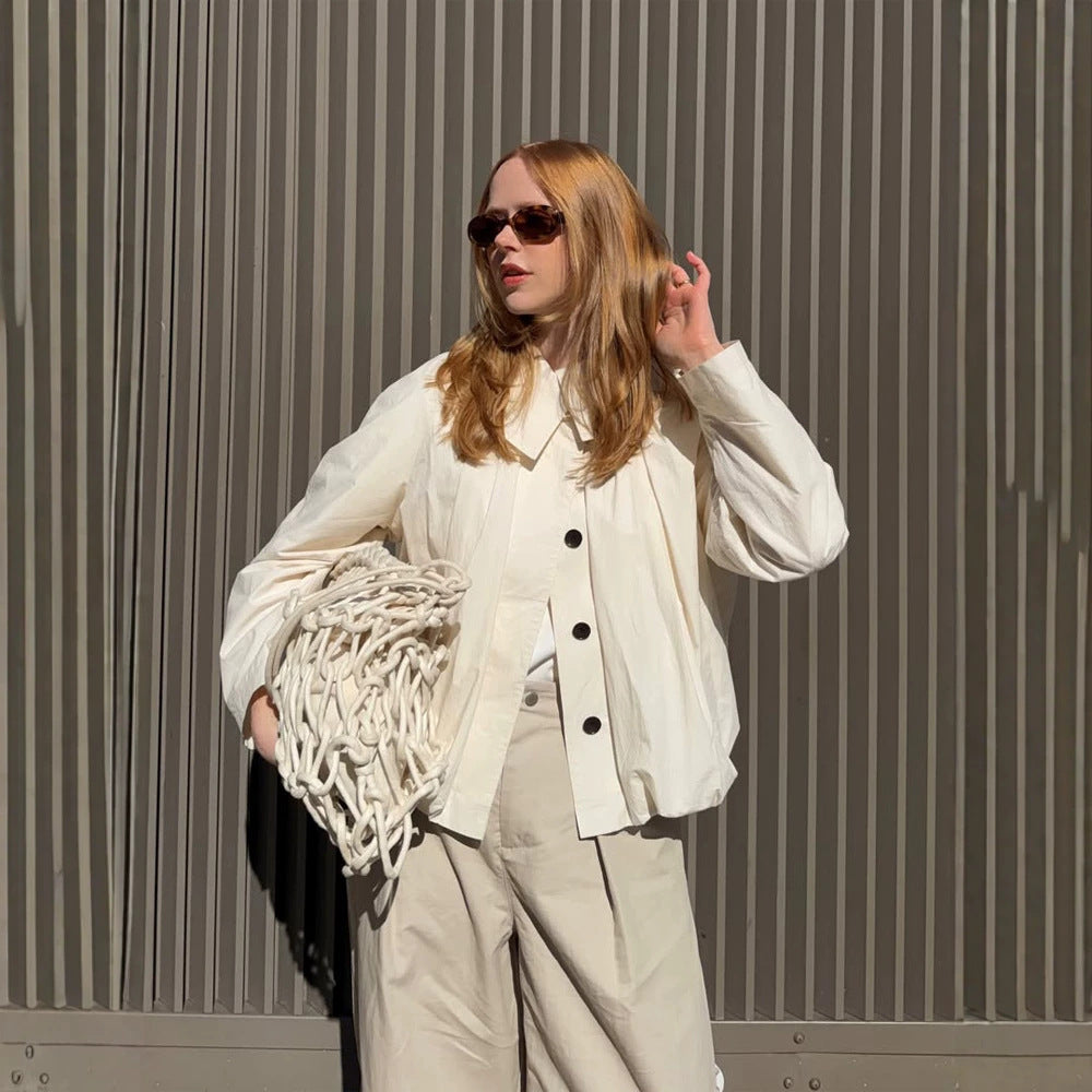 Women's Lightweight Cropped Blouse Jacket with Boxy Silhouette, Oversized Shirt Collar and Balloon Sleeves Mune Fashion