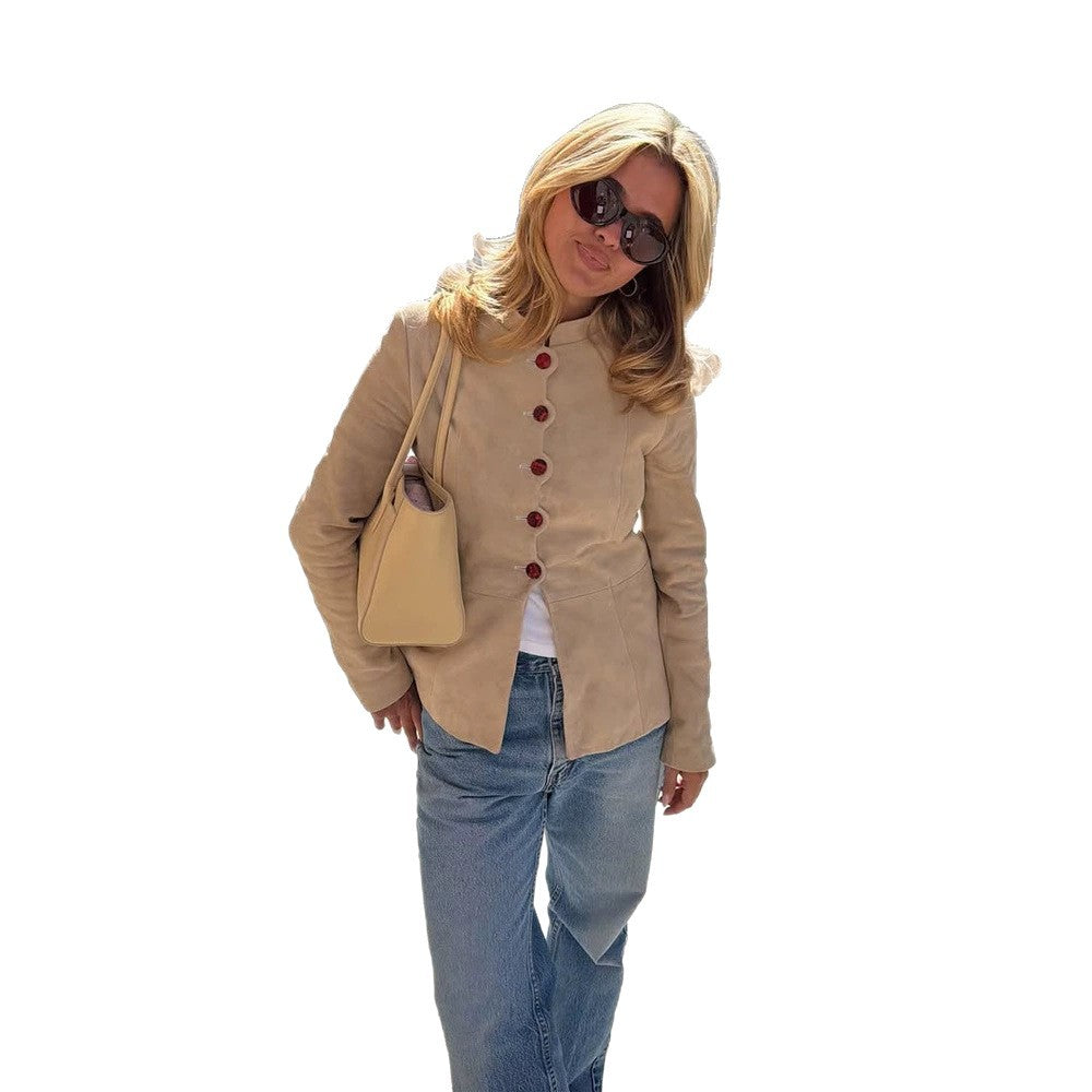 Women's Tailored Suede Blazer with Stand Collar and Decorative Buttons Mune Fashion
