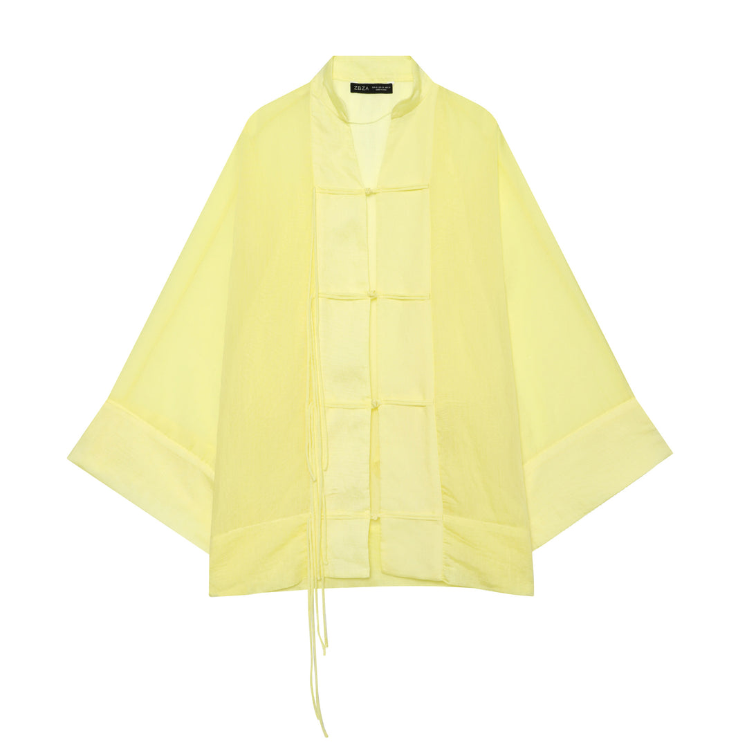 Women's Kimono-Cape Jacket with Chinese Button Closure and Long Tassels Mune Fashion