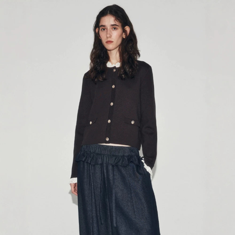 Women's Short Cut Fine Knit Cardigan with Round Neck, Decorative Buttons and Flap Pockets Mune Fashion