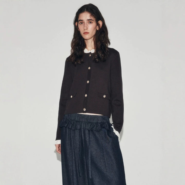 Women's Short Cut Fine Knit Cardigan with Round Neck, Decorative Buttons and Flap Pockets Mune Fashion