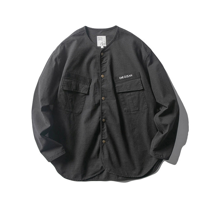 Unisex Collarless Overshirt Jacket with Snap Button Placket and Patch Chest Pockets Mune Fashion