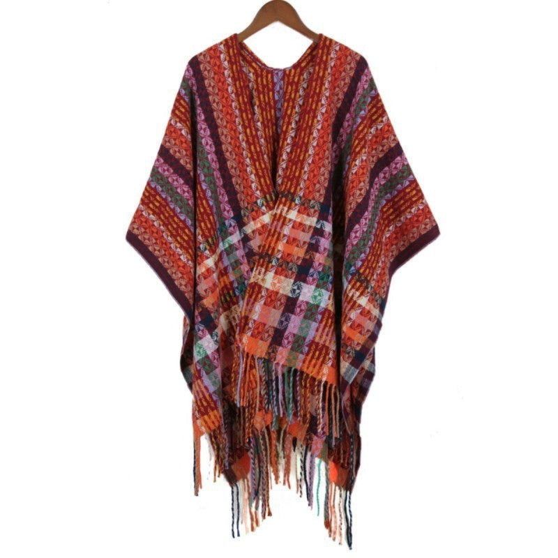 Women's Multicolored Woven Poncho in Boho Patchwork Design with Fringes Mune Fashion