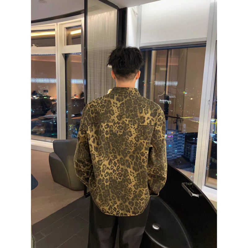 Men's Overshirt-Shirt Jacket in Leopard Print with Embroidered Chest Logo Mune Fashion