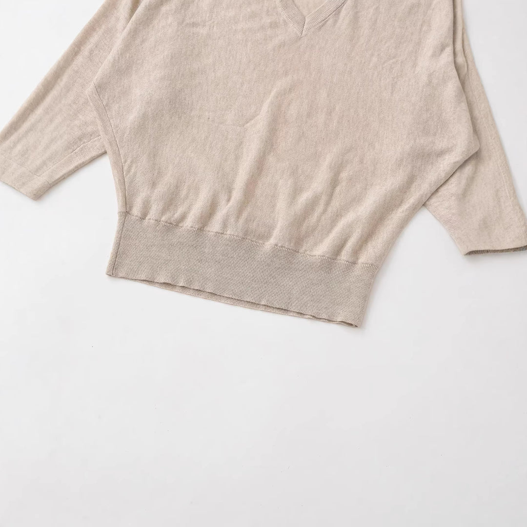 Ladies Oversized V-Neck Fine Knit Sweater with Batwing Sleeves Mune Fashion