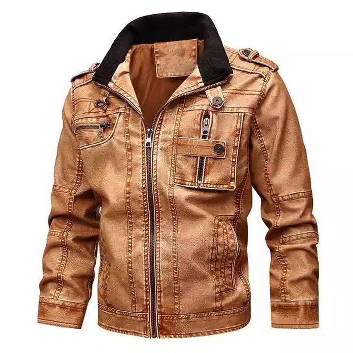 Men's vintage-inspired biker jacket in leather look with utility pockets and stand-up collar Mune Fashion