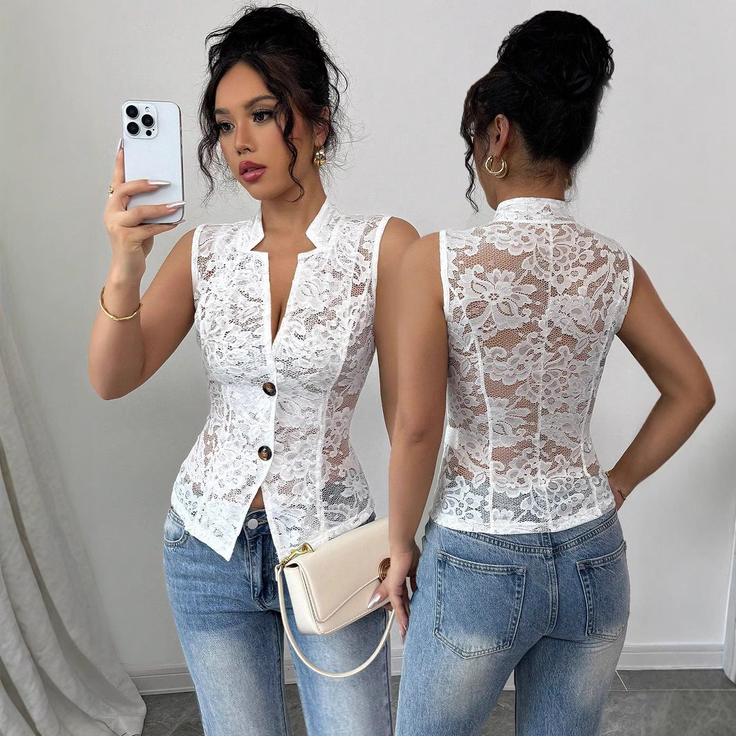 Women tailored sleeveless lace vest with stand-up collar and V-neck Mune Fashion