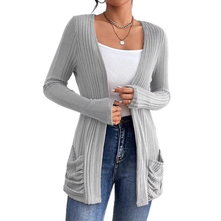 Women Ribbed Long Cardigan with Open Front, Pockets and Relaxed Fit Drune