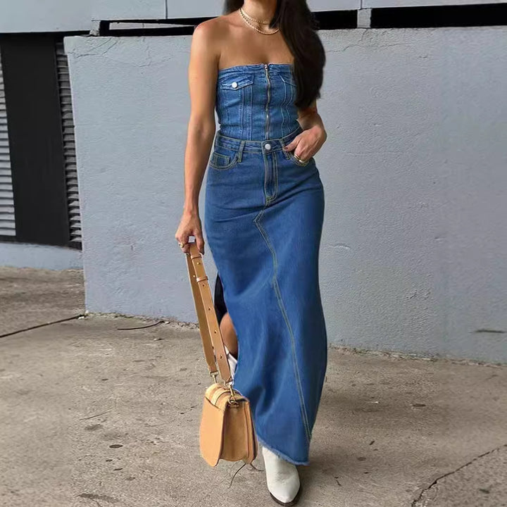 Ladies High-Waist Maxi Skirt made of Denim with front decorative seam and side leg slit Mune Fashion