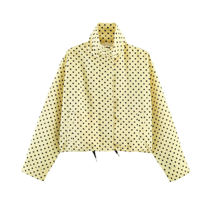 Women's Dotted Short Jacket with Stand-up Collar, Concealed Front Placket and Drawstring Mune Fashion