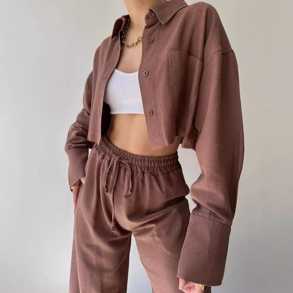 Ladies Linen Look Loungewear Set with Cropped Overshirt and High Waist Drawstring Pants Mune Fashion