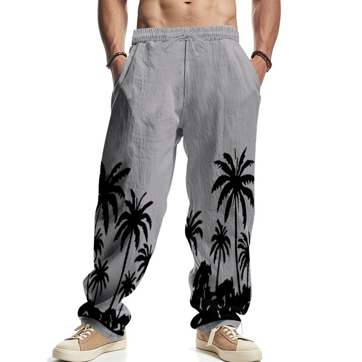 Men's wide leisure pants made of cotton-linen blend with palm print, elastic waistband and drawstring Mune Fashion