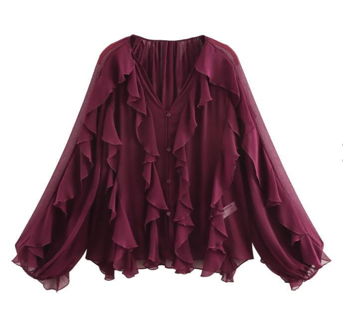 Women's feminine chiffon ruffle blouse with balloon sleeves and V-neck Mune Fashion