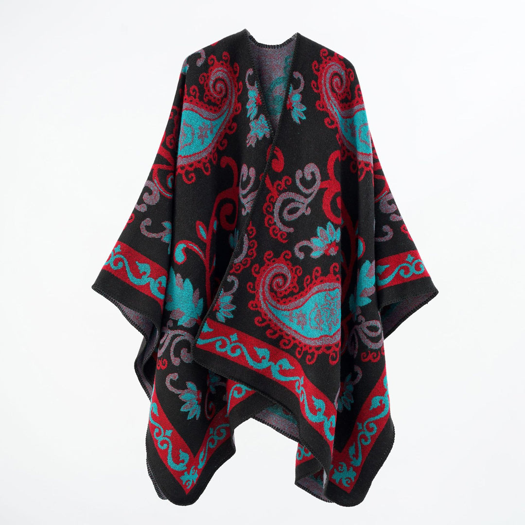 Women's jacquard wool blend poncho with paisley jacquard and open kimono fall Mune Fashion