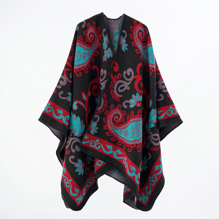 Women's jacquard wool blend poncho with paisley jacquard and open kimono fall Mune Fashion
