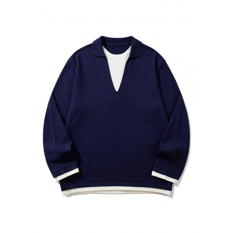 Unisex Oversize Knit Sweater with Open V-Neck and Shirt Collar Mune Fashion