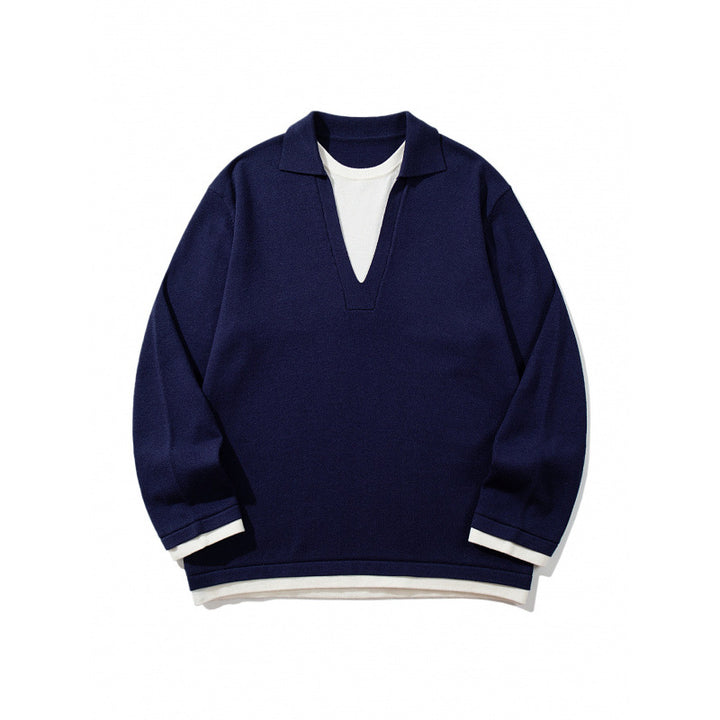 Unisex Oversize Knit Sweater with Open V-Neck and Shirt Collar Mune Fashion