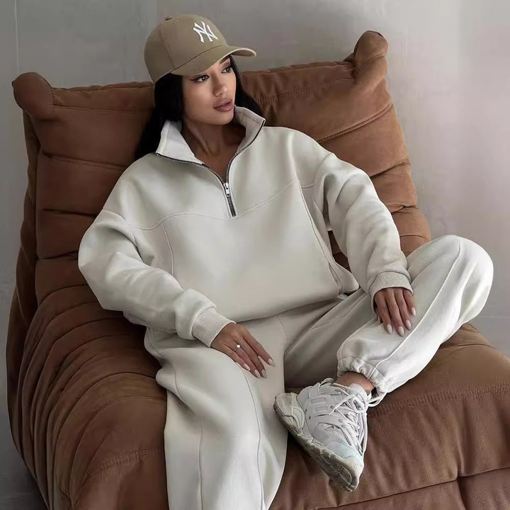 Women Soft Oversized Lounge Set with Zip Collar, Front Pockets and Flattering High-Waist Pants Mune Fashion