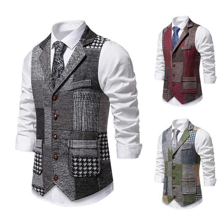 Men's Patchwork Tweed Vest with Notched Lapel and Flap Pockets Mune Fashion