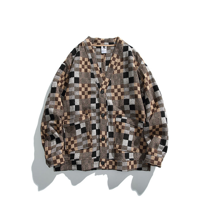 Unisex Boxy Cardigan in Patchwork Check with V-neck, snap front, and patch pockets Mune Fashion