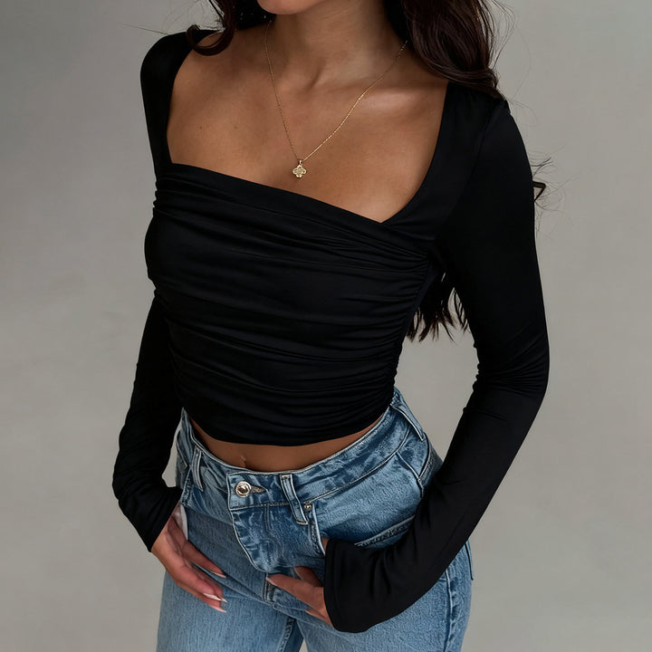 Women Tailored Long-Sleeved Crop Top with Square Neckline and Ruching Mune Fashion