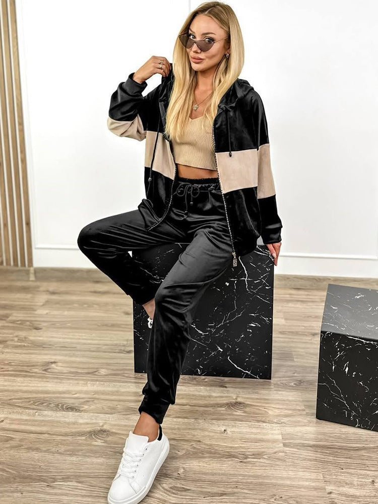 Women's cozy velour two-piece tracksuit with zip hood and high-cut jogger Mune Fashion