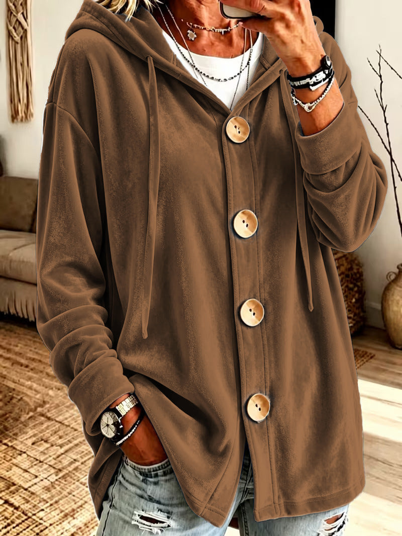 Women's Oversize Hooded Velvet Jacket with Large Wooden Buttons and Soft Velour Lining Mune Fashion