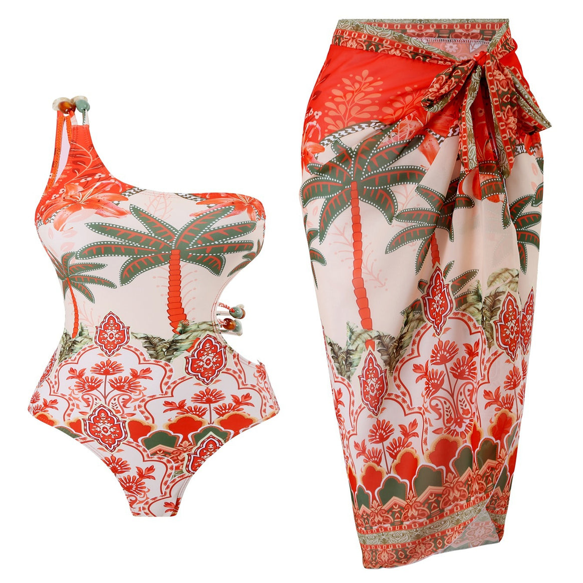 Ladies one-piece swimsuit with fashionable cut-out and matching beach skirt Mune Fashion